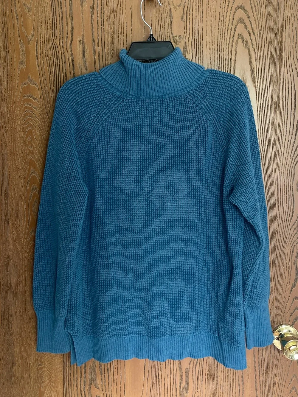 J. Crew Textured Turtleneck Sweater Blue Waffle Knit 100% Cotton Size Large L
